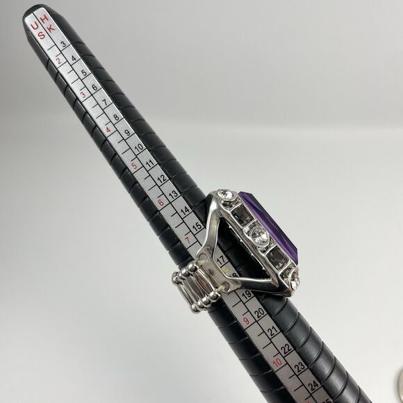 Silver Tone Stretch Band Ring Purple Radiant Cut Glass Cocktail Halo Statement - Picture 6 of 6